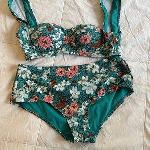 Teal Floral Bikini.  Size M (8-10.). Time and True.  High Waisted Bottom…